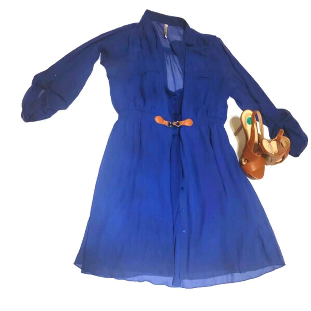 RNB see through shirt button up dress with leather and gold accent clasp